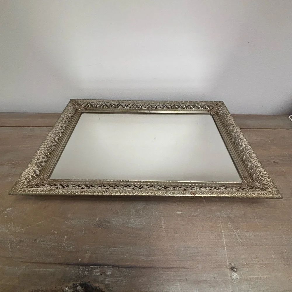 Vintage Glass Vanity Mirror Tray Gold Metal and Glass